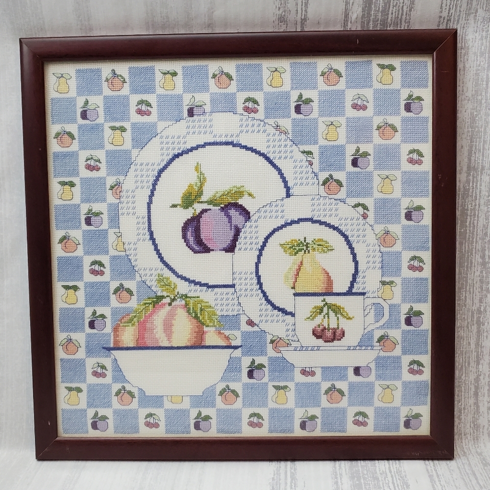 Cross-stitch Framed Art Place Setting and Bowl Of Fruit
